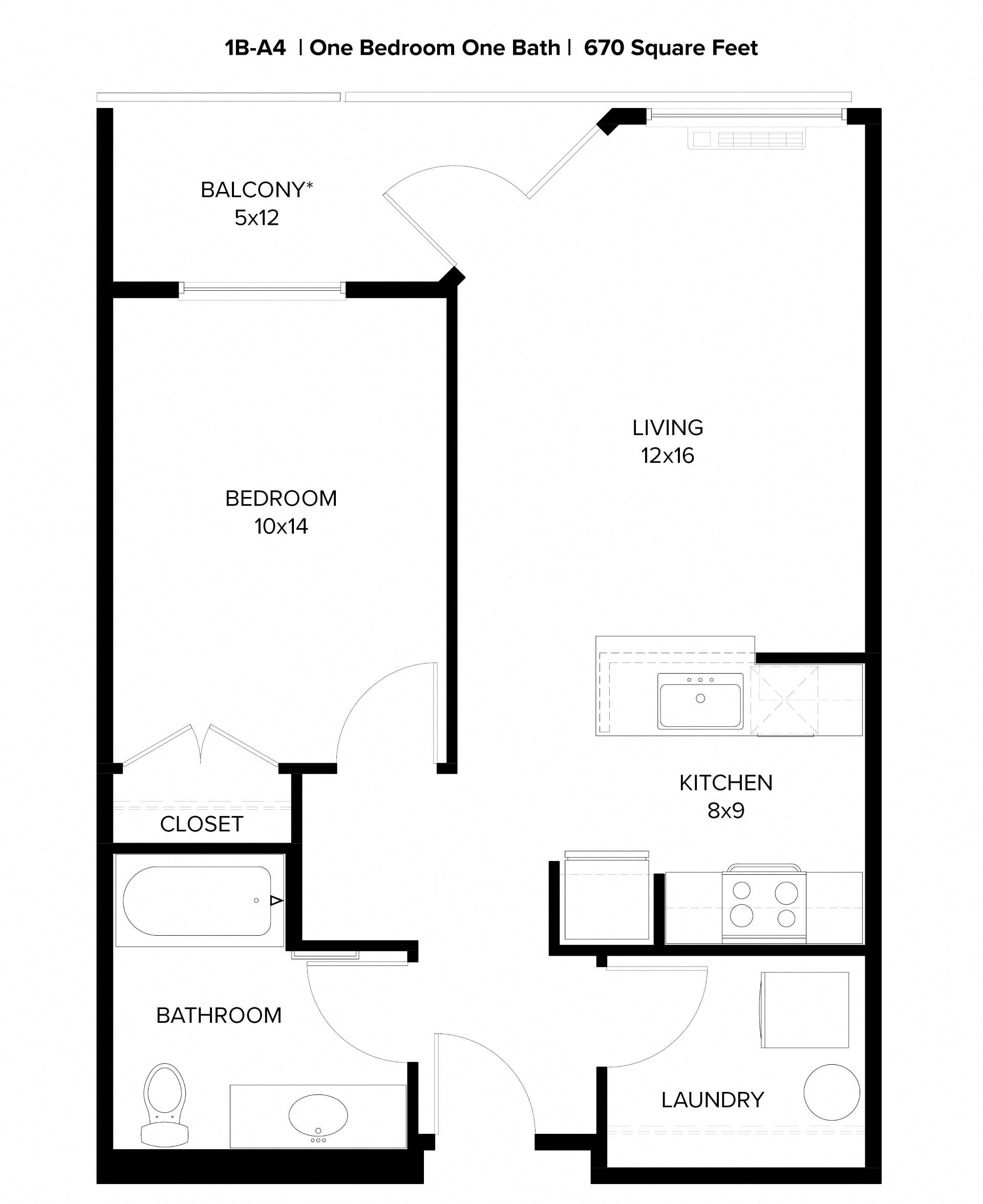 Floor plan for 1 bed, 1 bath, 670 sqft